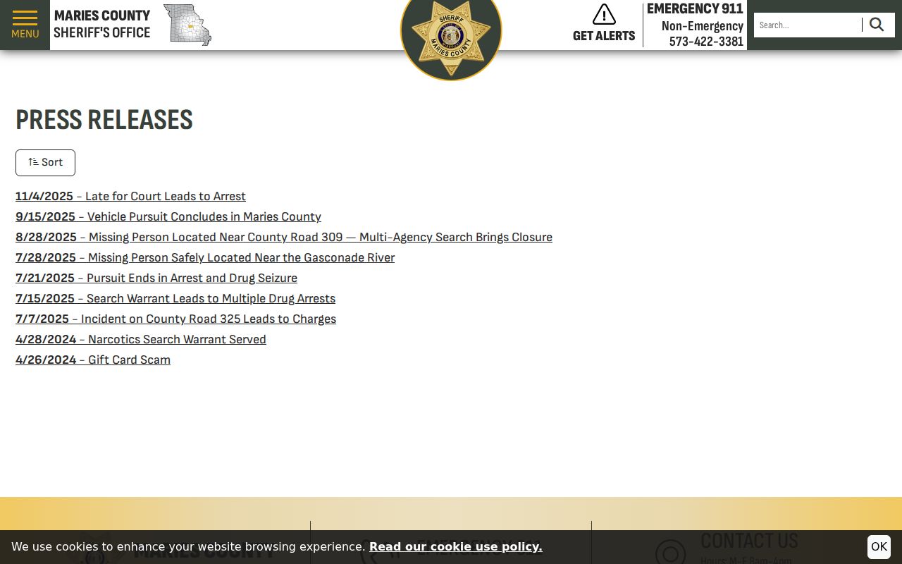 Dated Maries County Sheriff press release index
