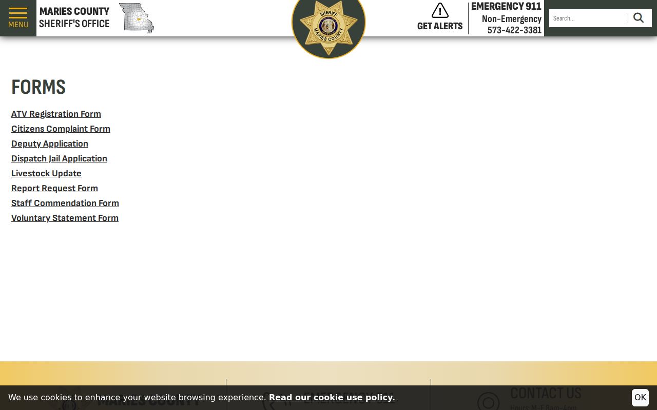 Maries County Sheriff forms and report request index