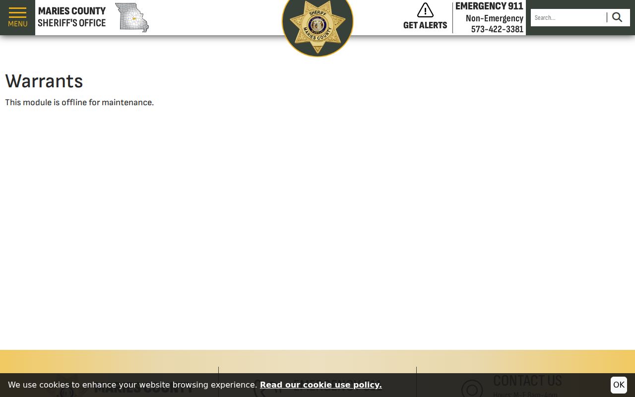 Maries County Sheriff warrant page maintenance notice